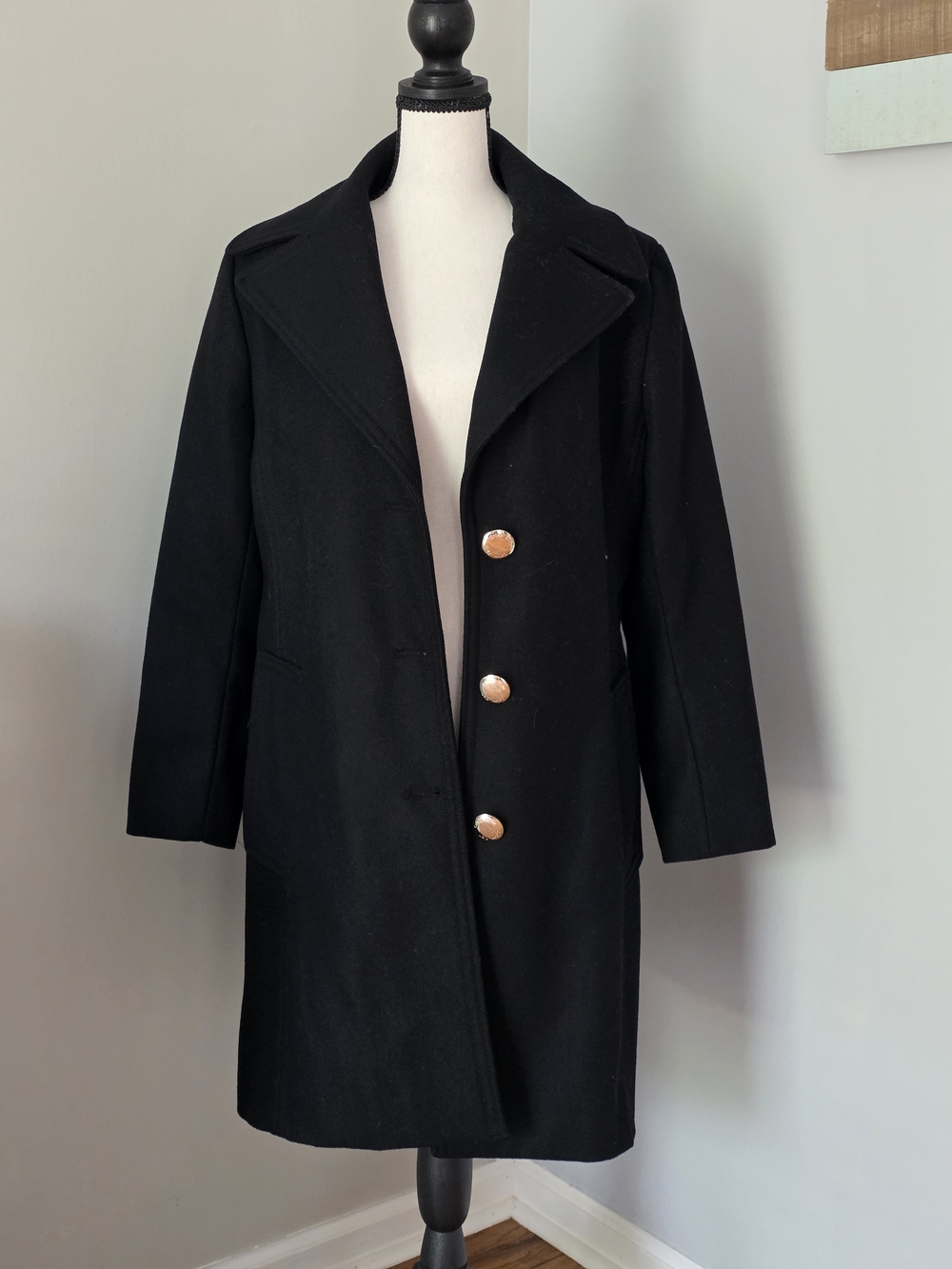 Calvin Klein Black Wool Pea Coat with Gold-Tone Buttons